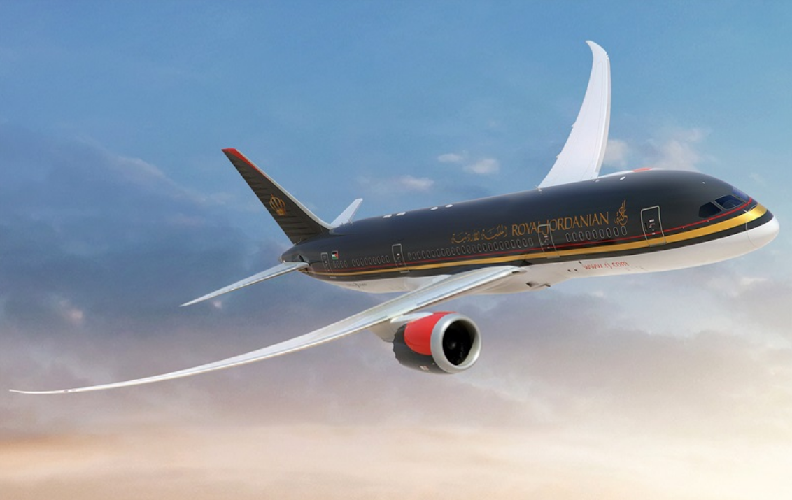 For photographic reference this shows a flying Boeing 787 Dreamliner in Royal Jordanian livery.